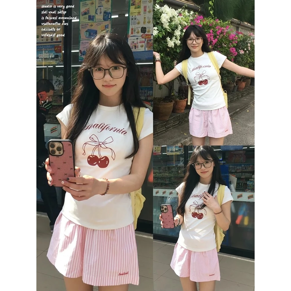 2025条纹短裤+印花上衣女夏季新款高腰阔腿运动热裤ins潮流套装