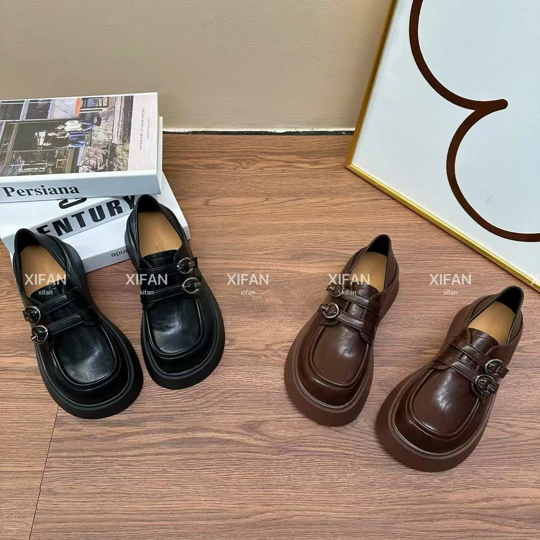 【喜番】2025春季新款厚底英伦风两穿百搭增高扣饰乐福鞋简约小皮鞋