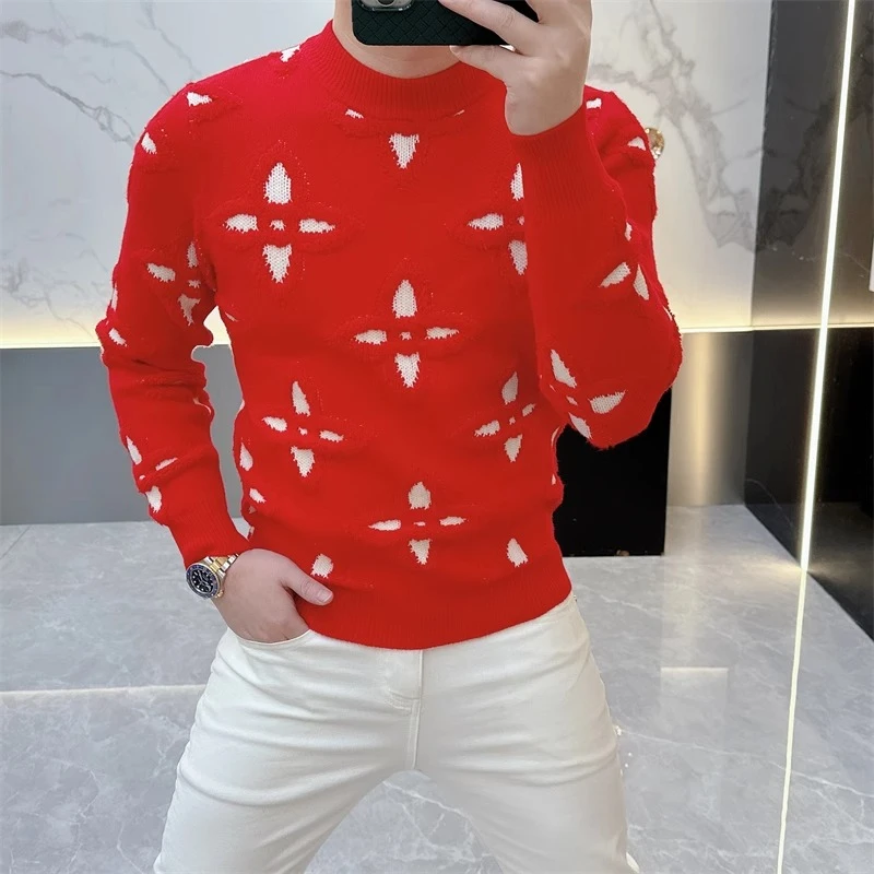 欧货轻奢高品质长袖针织毛衣本命红色秋冬男士休闲圆领打底衫5133