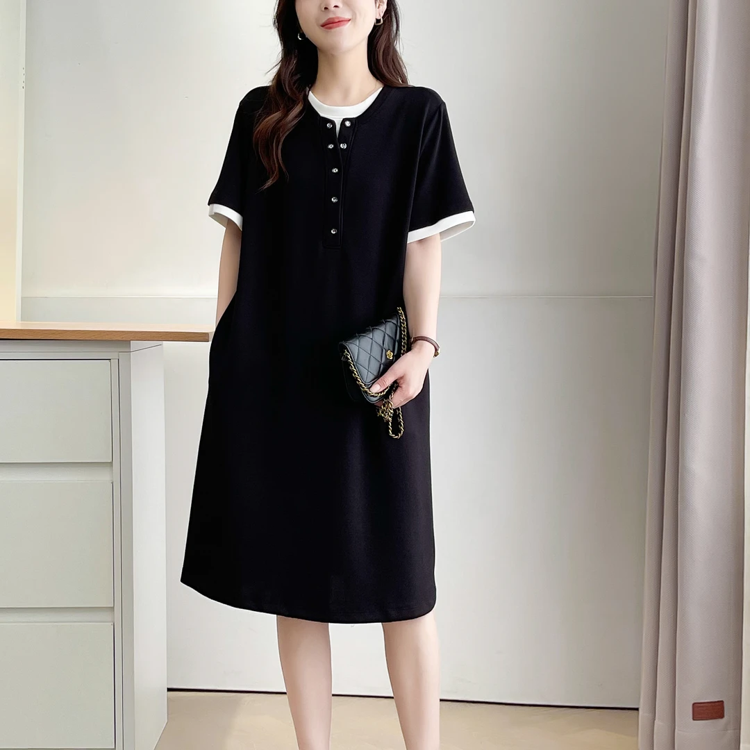 夏季新款大码遮肉假两件简约休闲连衣裙-8703-1