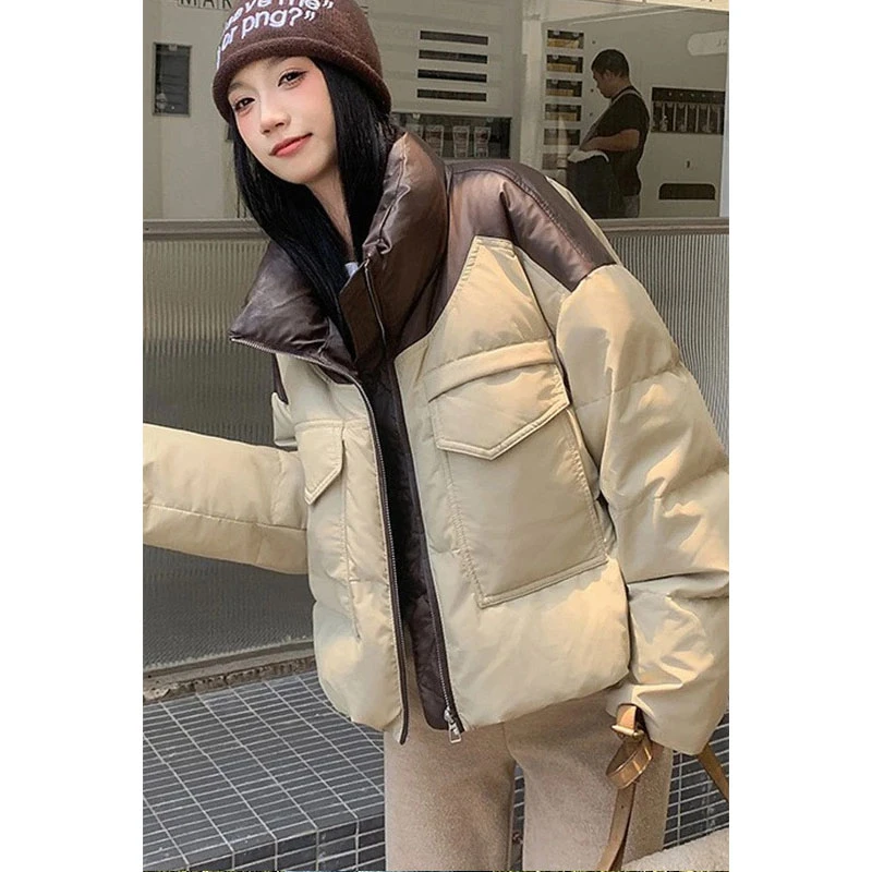 卡其色pu皮拼接短款棉服女2025年冬季美式复古加厚宽松保暖外套