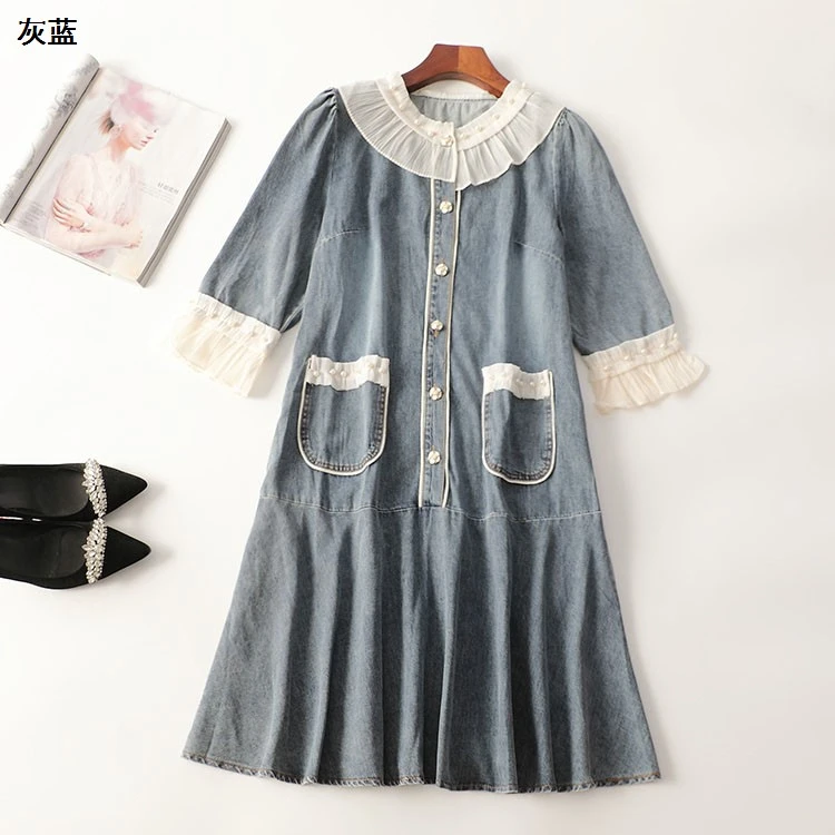 245496夏牛仔长款七分袖圆领连衣裙超值品质女装