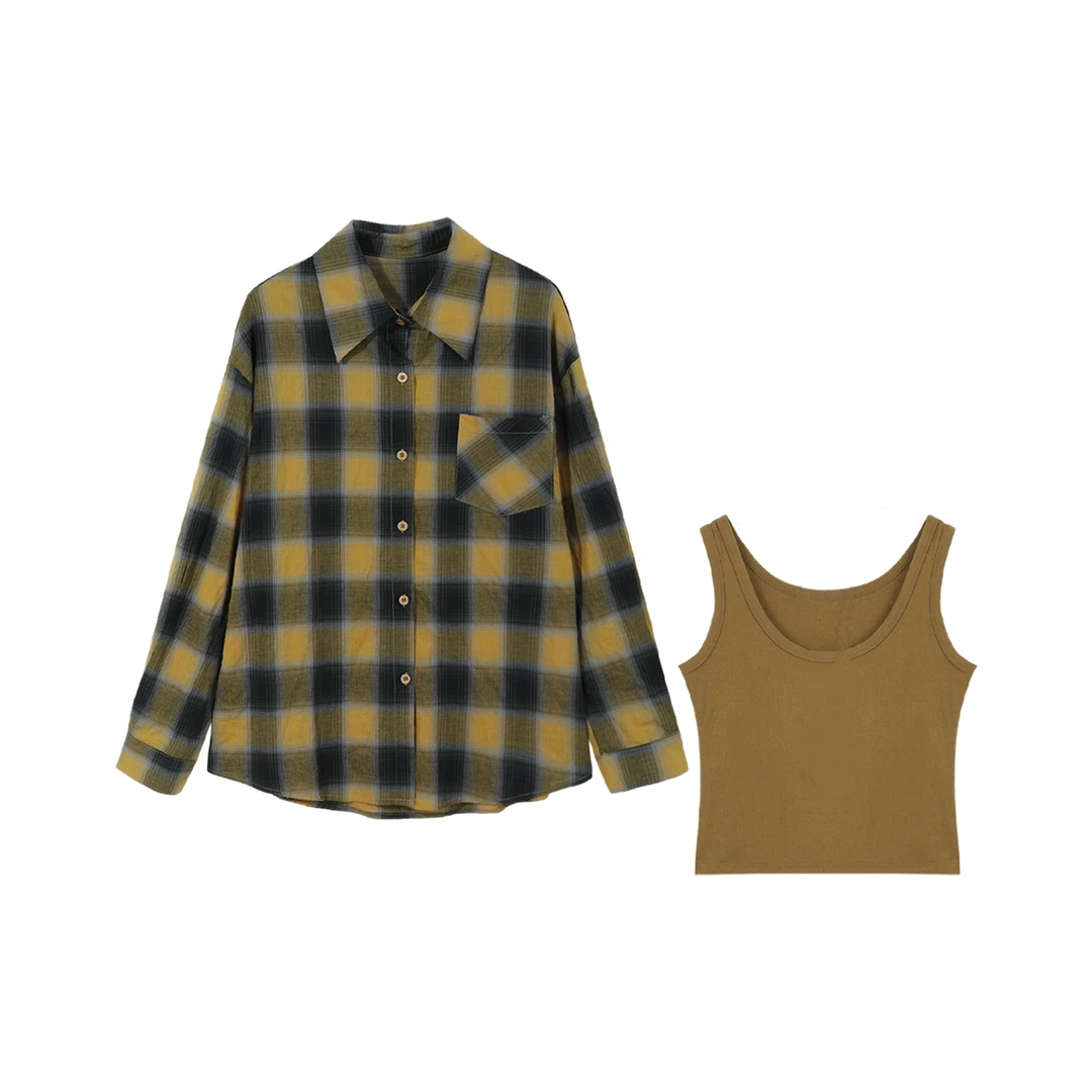 "格纹焦糖拿铁"复古格子衬衫外套+背心两件套K002【LXY】