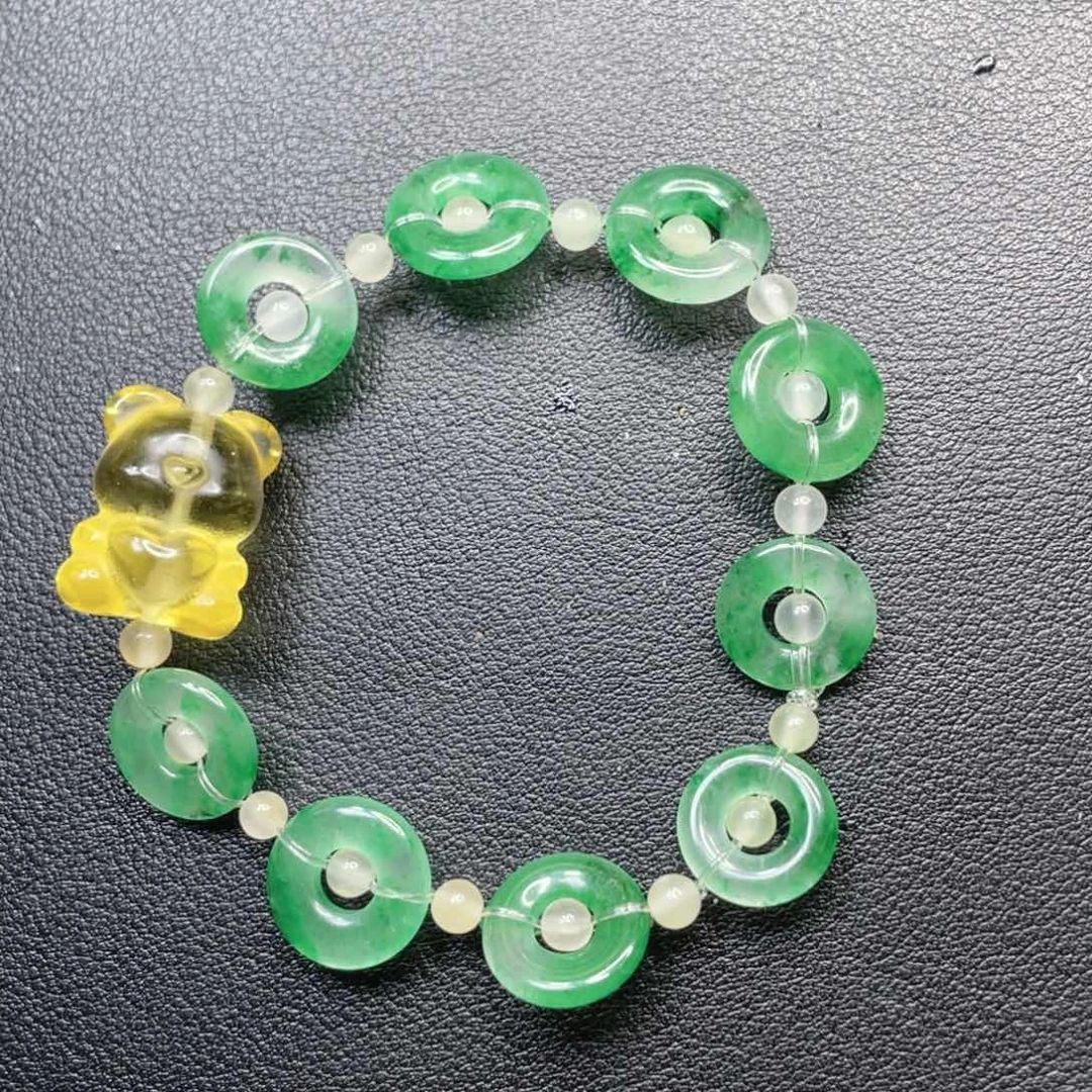 石英质玉（非洲翠）未镶嵌手链甜甜圈冰黄水晶小熊原创设计弹力手串