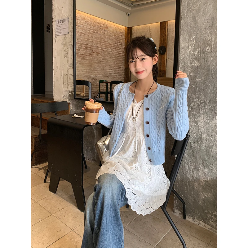 宋正恩蓝色麻花针织开衫女春季宽松绣花毛衣长袖外穿上衣AA6098