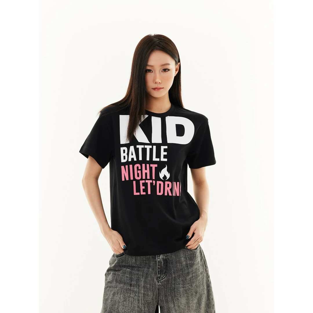 SREK 美式复古火焰字母印花正肩短袖T恤男女夏季宽松休闲情侣上衣