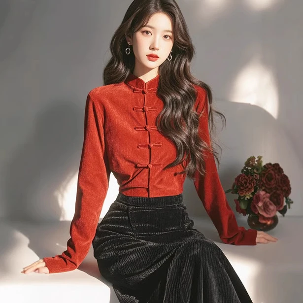 新中式红色立领盘扣灯芯绒衬衫国风复古高级感减龄气质本命年上衣