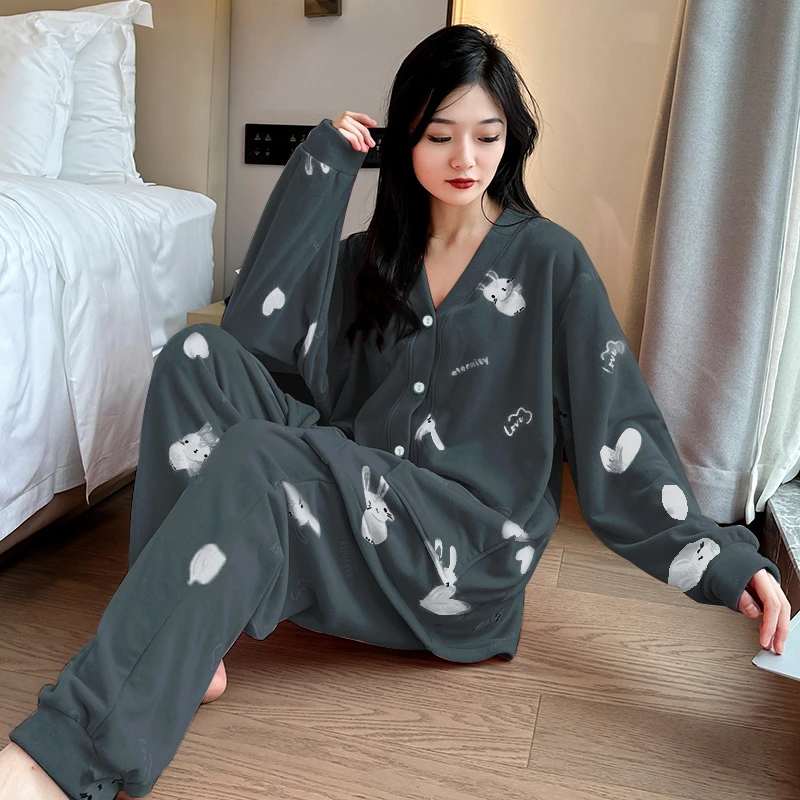 秋冬季大码保暖睡衣女士中等加厚暖绒家居服长袖长裤开衫印花套装