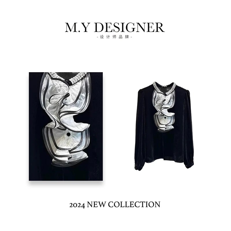 M.Y媛总 秋冬女士长袖黑色复古唯美轻奢衬衣95171