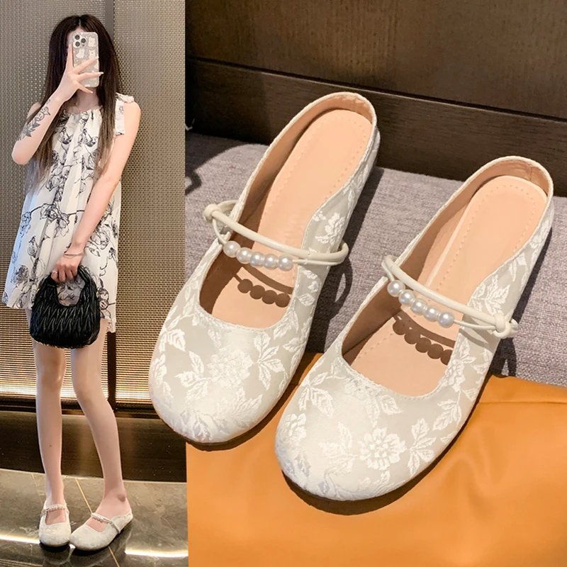 包头半拖鞋女外穿2025夏季新款平底晚晚风玛丽珍单鞋新中式凉拖鞋