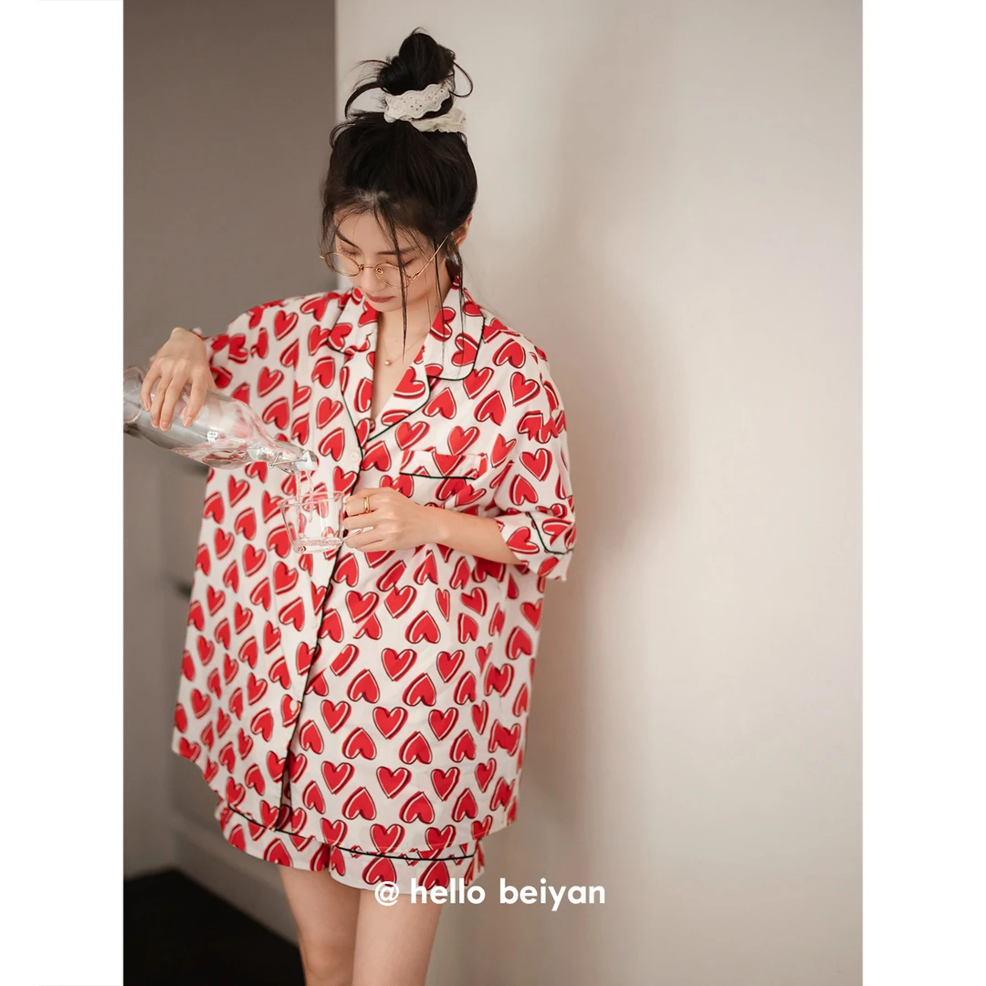 贝妍新婚睡衣女夏季薄款纯棉短袖短裤开衫套装甜美少女宽松家居服