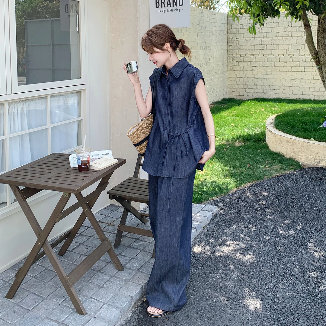 盐系复古减龄牛仔套装女2025新款松弛感夏季ootd穿搭阔腿裤两件套