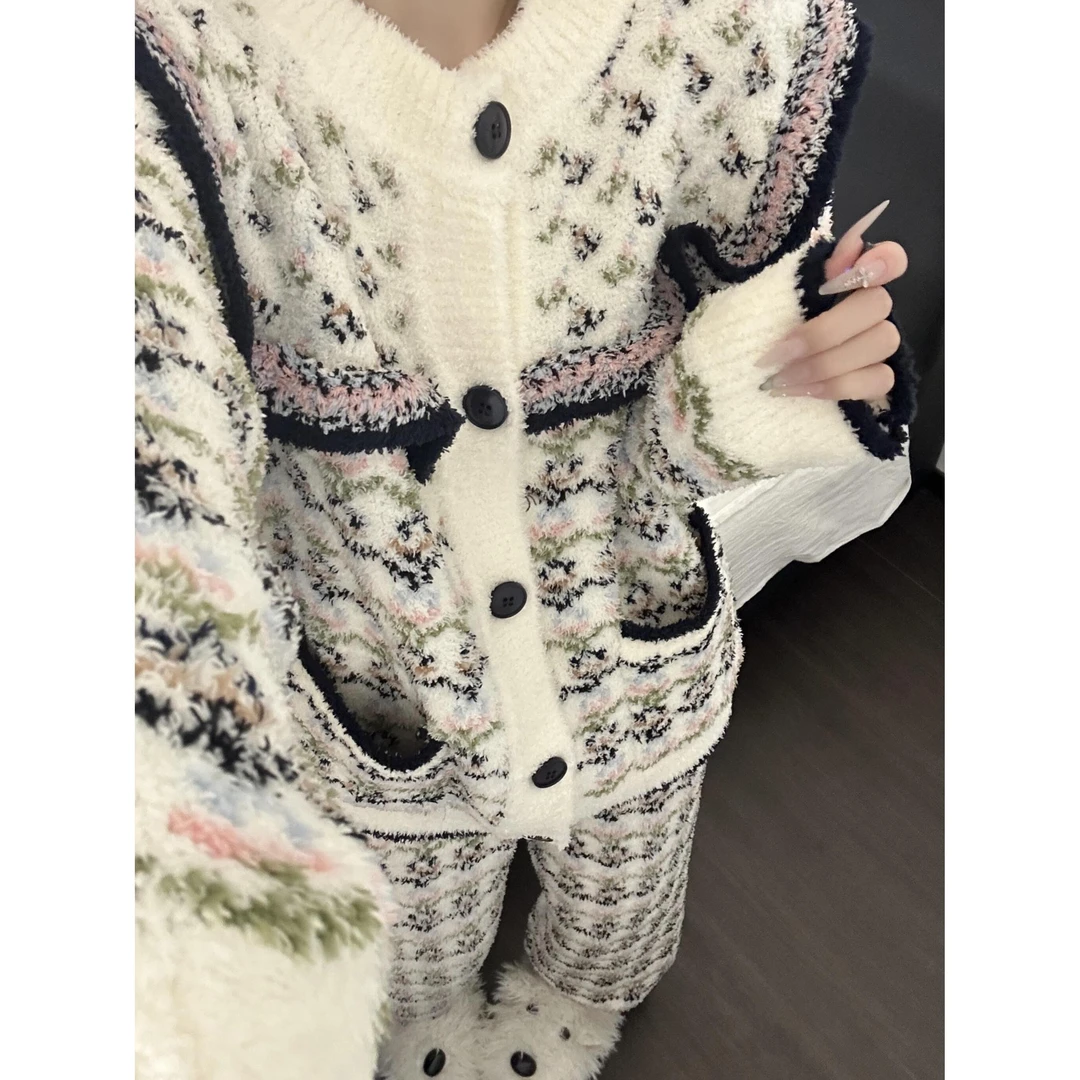 日系复古波浪纹半边绒睡衣女秋冬新款针织开衫保暖加厚家居服套装