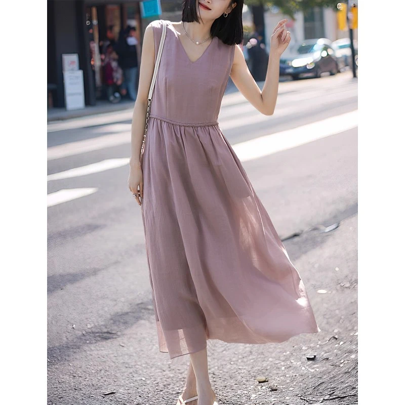 简约风气质紫罗兰无袖连衣裙女夏季新款法式优雅领背心裙