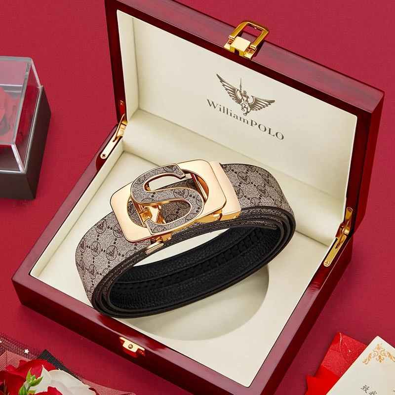 正品保罗男士皮带真皮自动扣腰带2025新款牛皮潮流时尚年轻人裤带