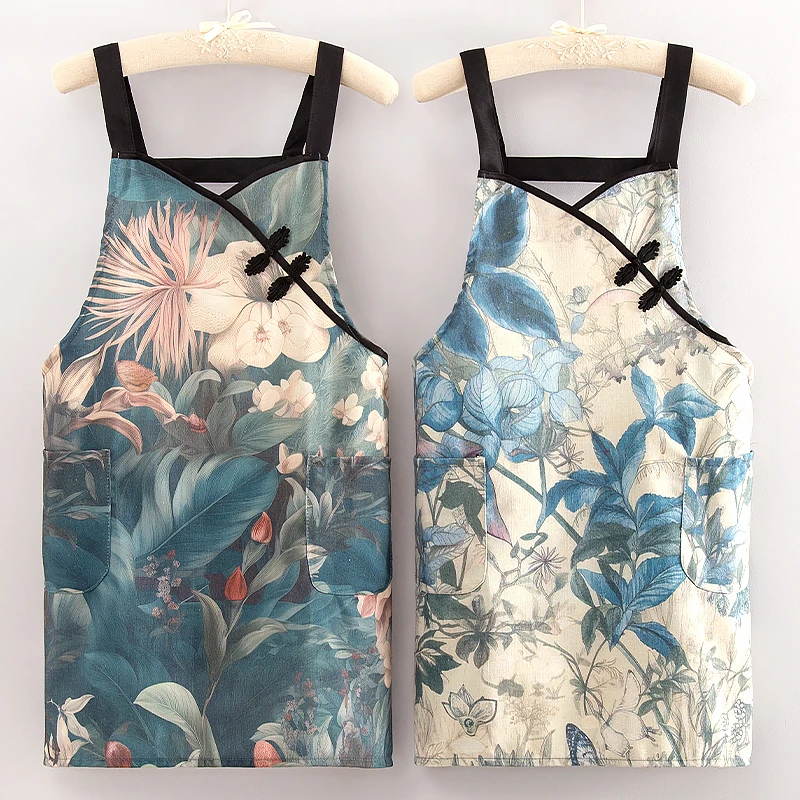 时尚新国风背带围裙复古盘扣旗袍款高颜值上班工作女款防污工作服