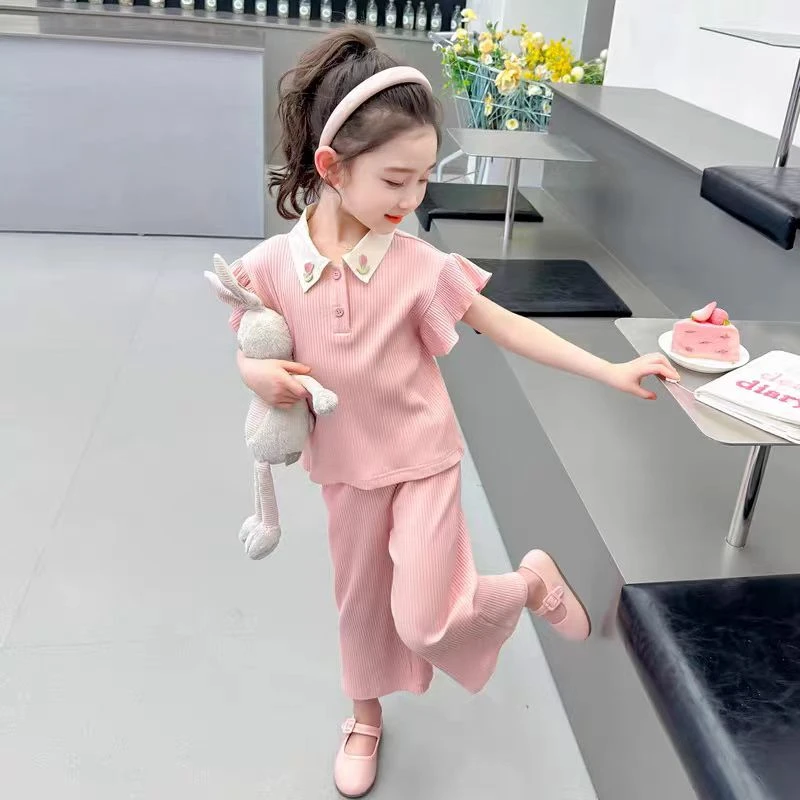 女童套装夏款2025新款儿童纯色网红两件套小女孩短袖刺绣花朵套装