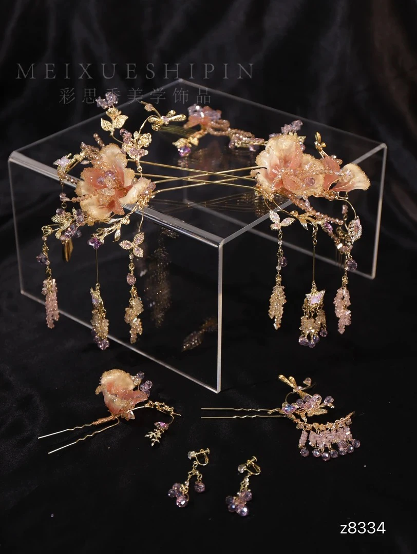 z8334新娘头饰流苏新娘韩式明制蓝色气质皇冠步摇金色大气