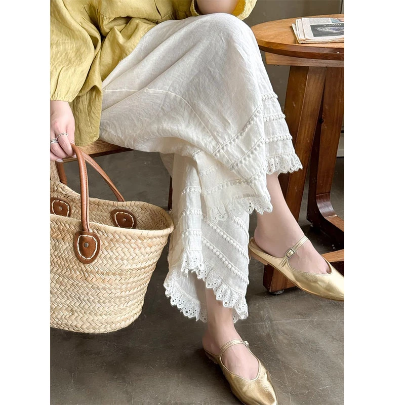 2025新款棉麻刺绣花边休闲裤夏季宽松显瘦阔腿裤女设计感九分裤子