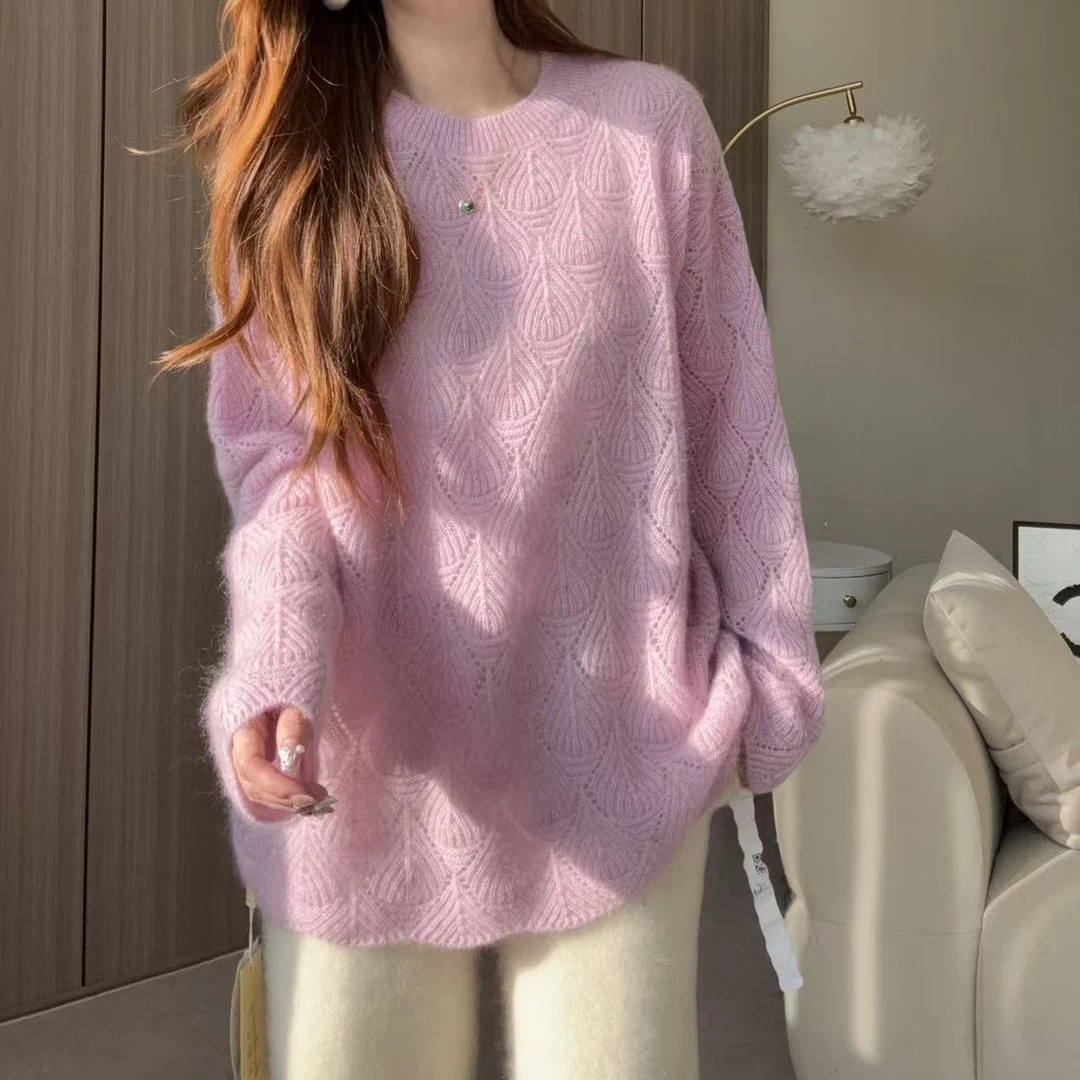 【开启好心情】240946秋冬新款贝壳纹镂空挑洞工艺款圆领羊绒衫