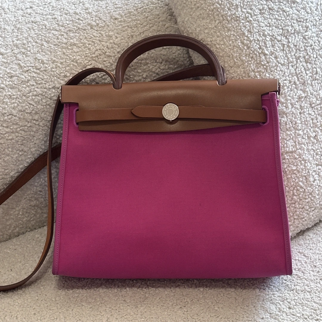95新 Hermes/爱马仕 herbag31 玉兰粉拼金棕 C/XL 057