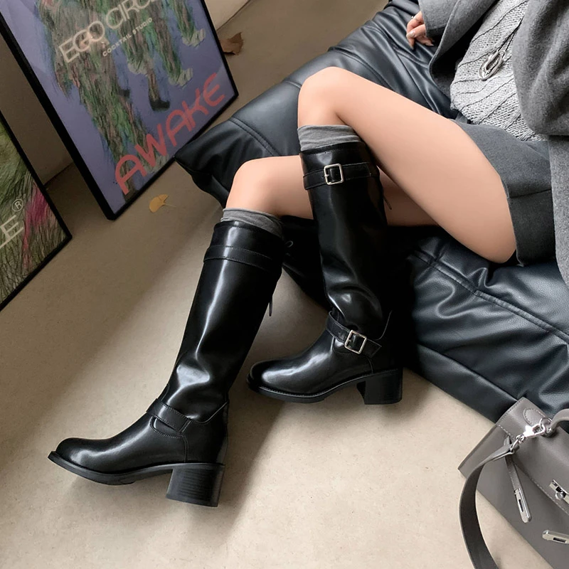 【邓老师】牛皮/6cm/时尚高跟长筒靴子女厚底时装靴百搭骑士高筒靴