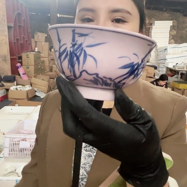 摆件陶景德镇高温陶瓷竹子画片红希希碗