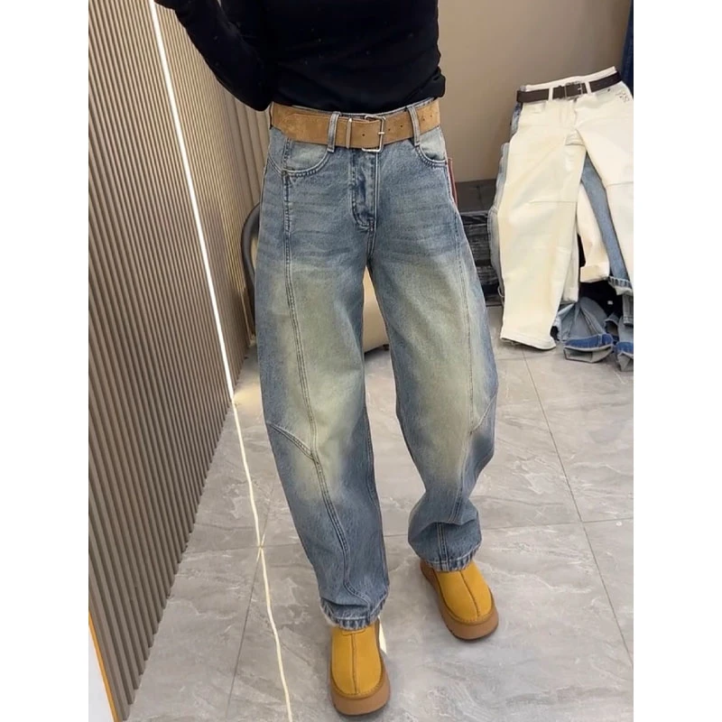 美式复古高腰弯刀牛仔裤女宽松显瘦阔腿长裤复古丹宁高腰显瘦百搭