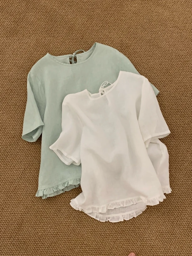 纯亚麻 手工小衫 花边设计 颜色很美