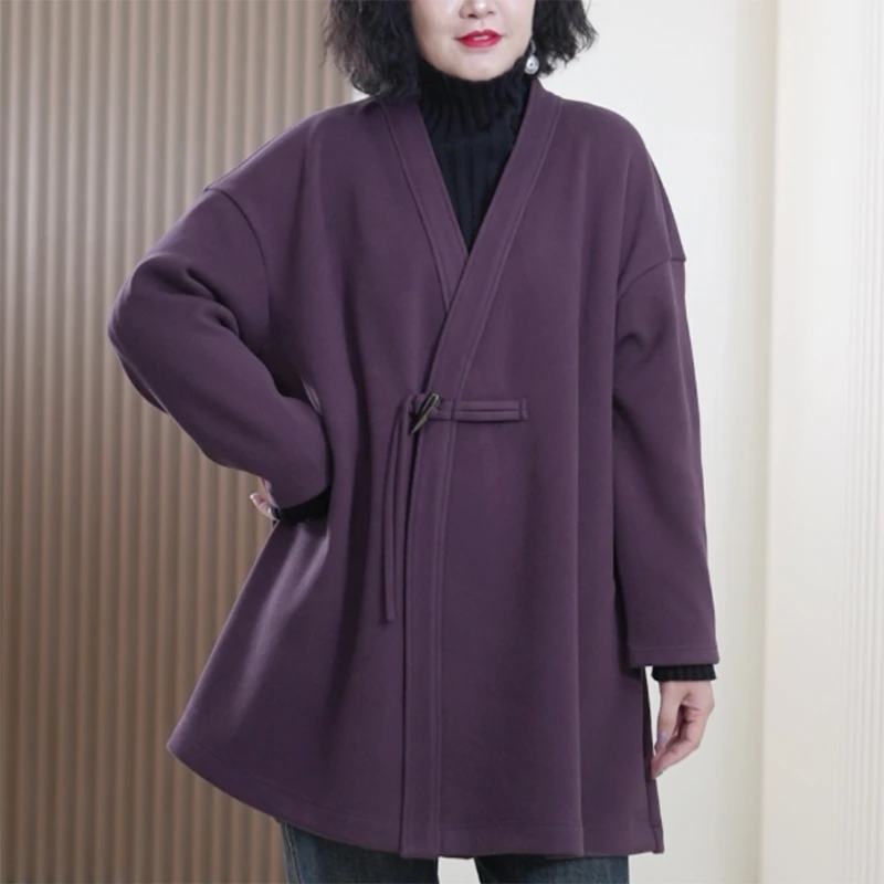 牛角扣西装领拜耳真德绒外套女大码弹力显瘦复古中长冬季风衣大衣