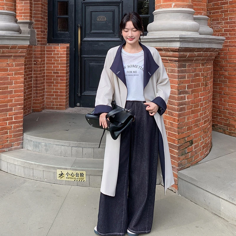 2025秋季新款拼接撞色时尚中长款风衣女士显瘦翻领立领两穿大衣