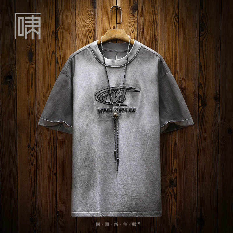 夏季潮牌美式复古字母刺绣短袖T恤 男高街暗黑风CItyBoy体恤半袖