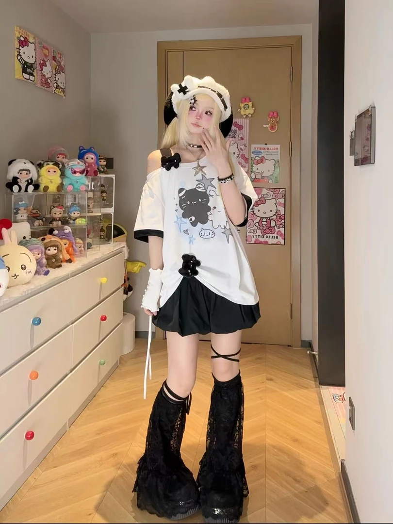 【现货秒发三件套】甜美风卡通印花斜肩短袖上衣女夏季新款宽松小众