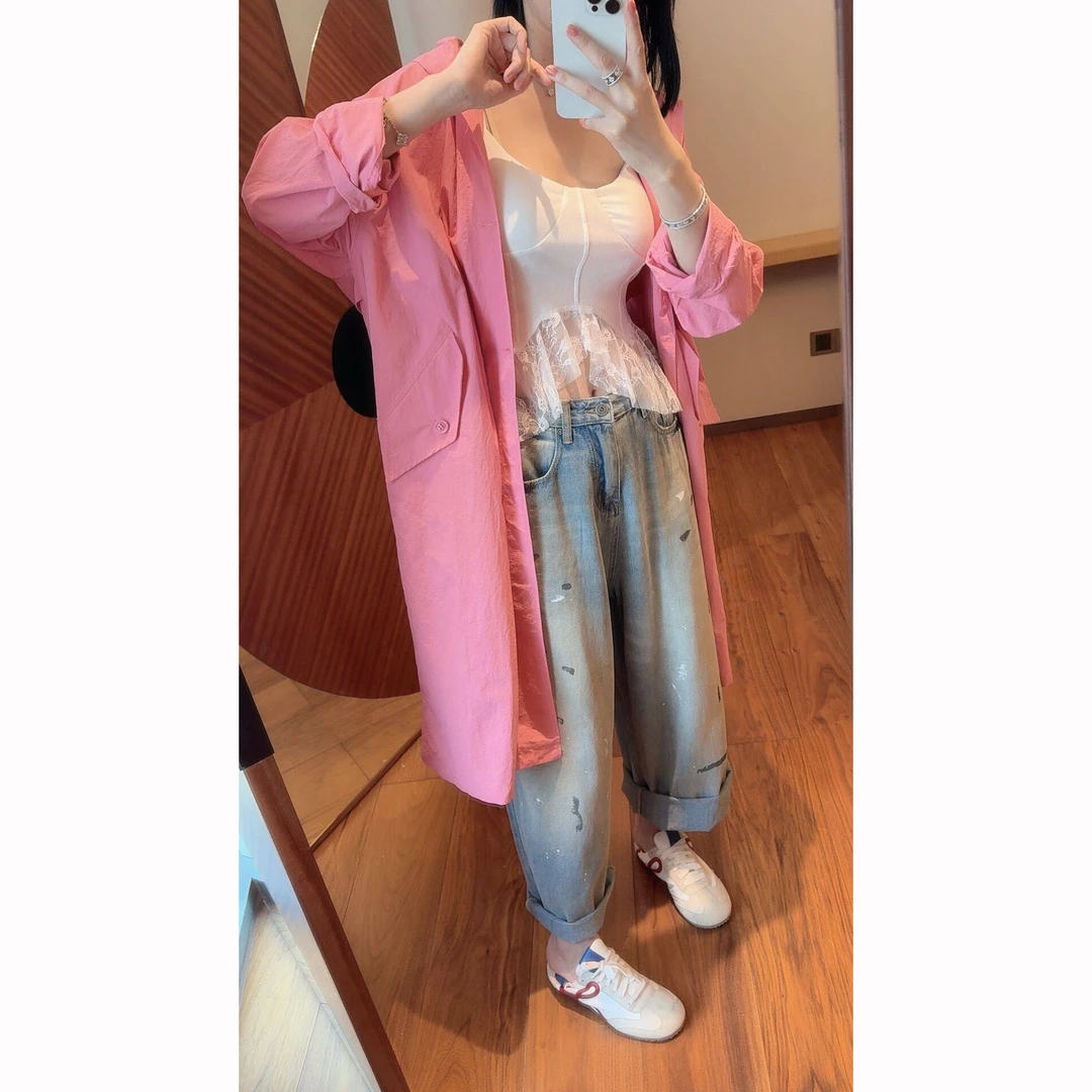 【张静芝】长款轻薄粉色宽松外套