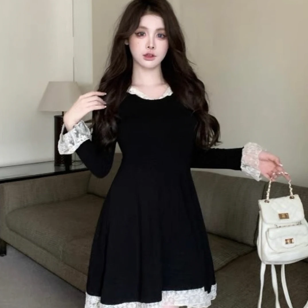 蕾丝拼接长袖收腰针织A字显瘦连衣裙连帽内搭叠穿