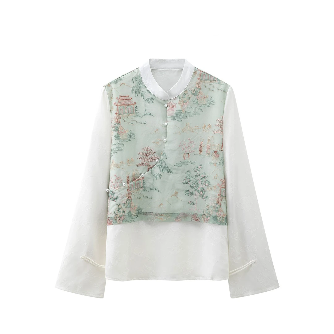 2025春季新款复古新中式刺绣提花假两件国风上衣设计感女装