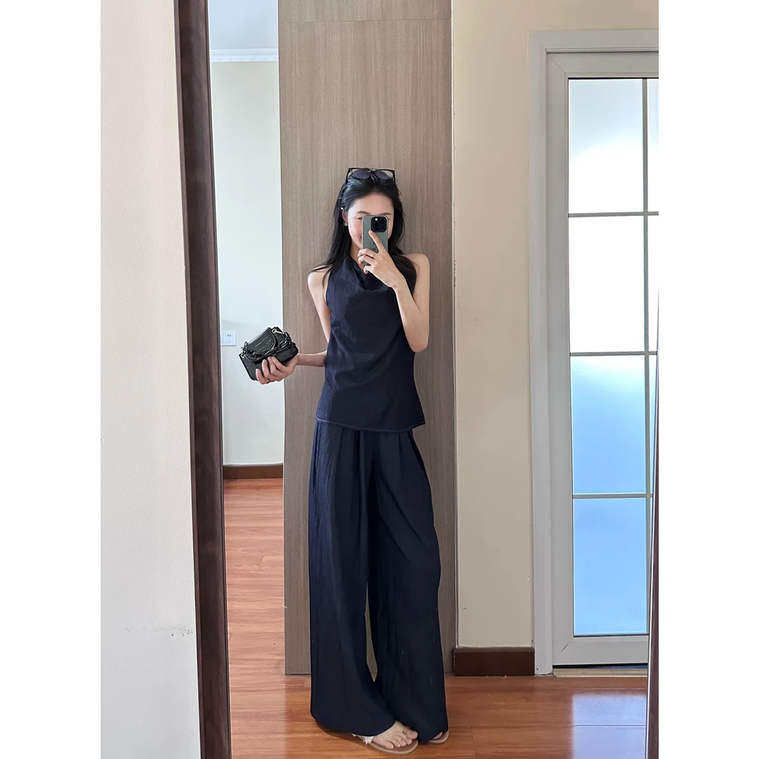MARIE.COCO韩系松弛感宽松无袖荡领背心女垂感高腰休闲阔腿裤套装