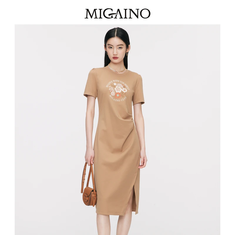 Migaino/曼娅奴修身显瘦收腰中长款T恤裙子印花设计师气质圆领
