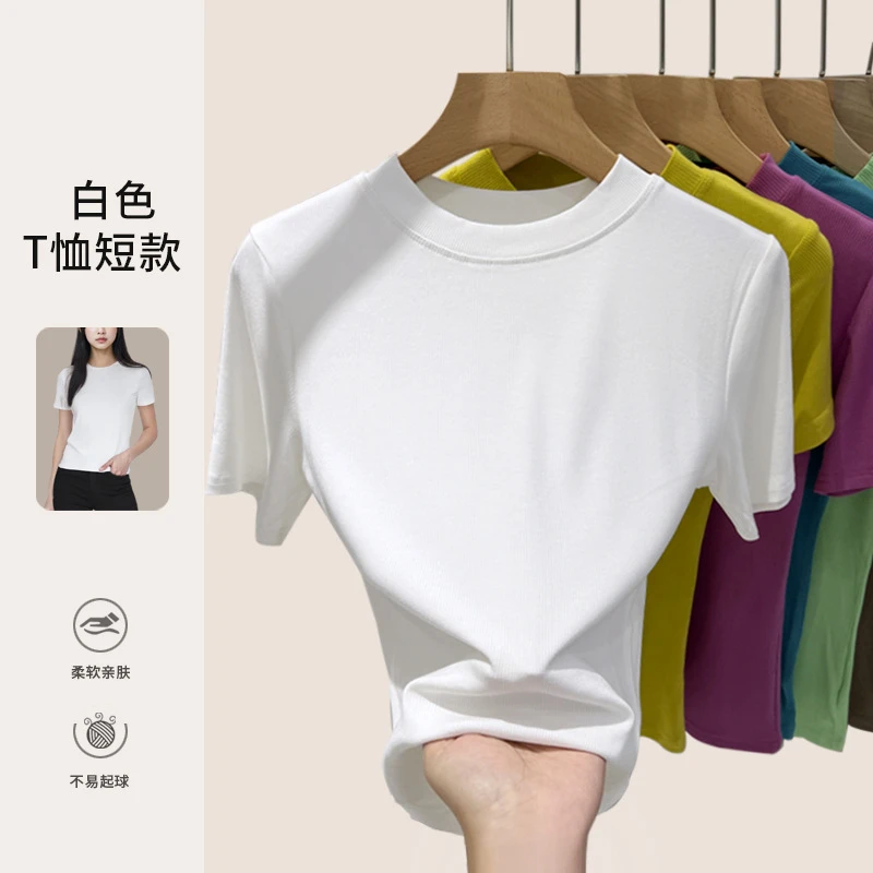 夏季短袖T恤女2025新款女装宽边小圆领正肩体恤气质修身美式上衣
