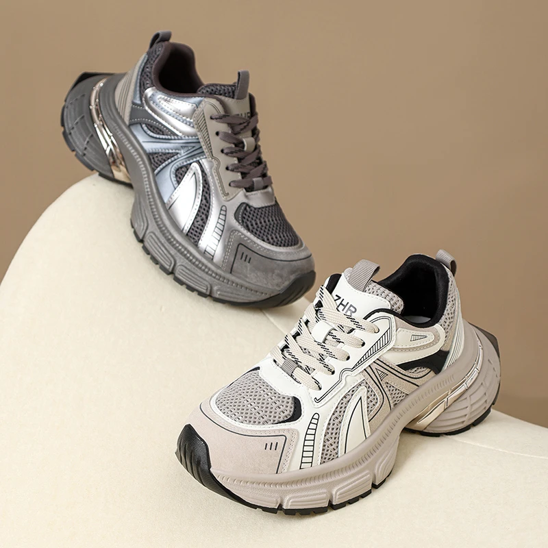 ZHR厚底老爹鞋女2025春秋新款潮流百搭小个子增高网面透气JT99