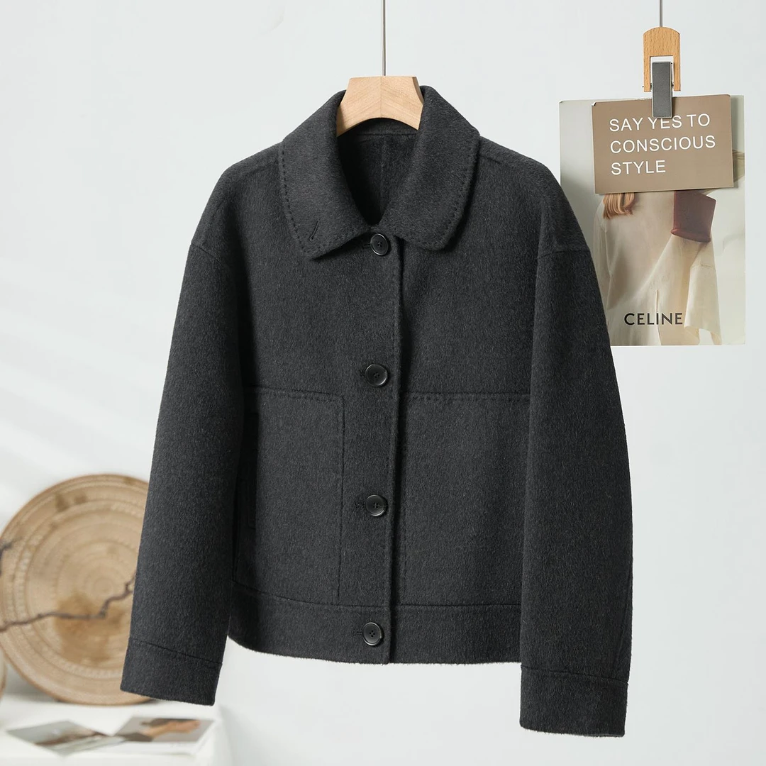 【谢姐专属】气质款秋冬新款百搭短款绵羊毛大衣881001