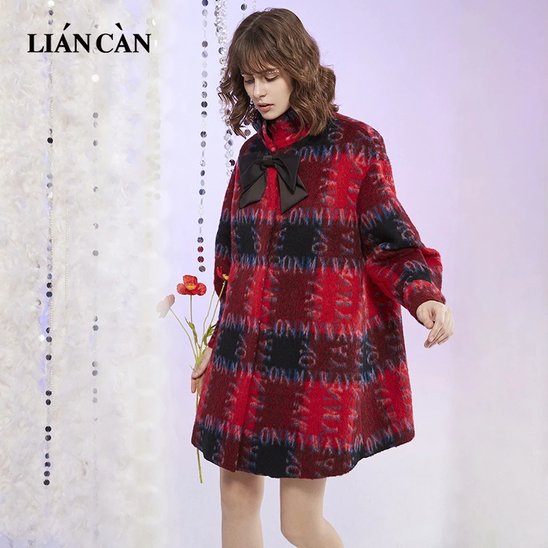 莲灿2025新款冬季格纹蝴蝶结羊毛粗花呢子中长款外套71AN469005
