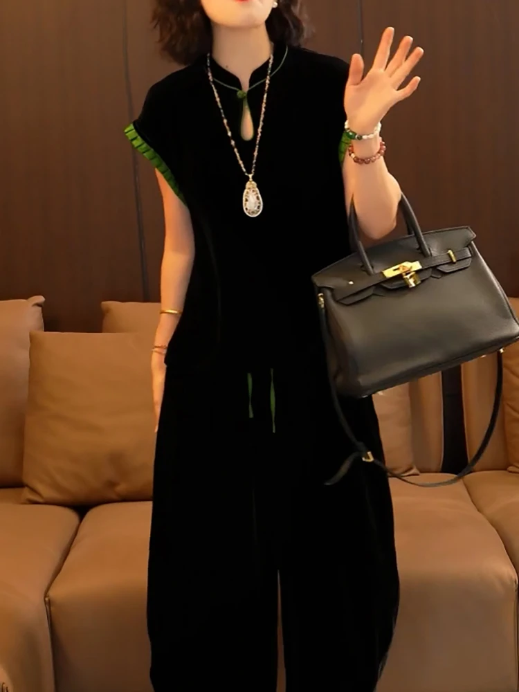 端庄优雅贵夫人裤套装女2025夏季新款撞色拼接立领百搭衬衫+裤子