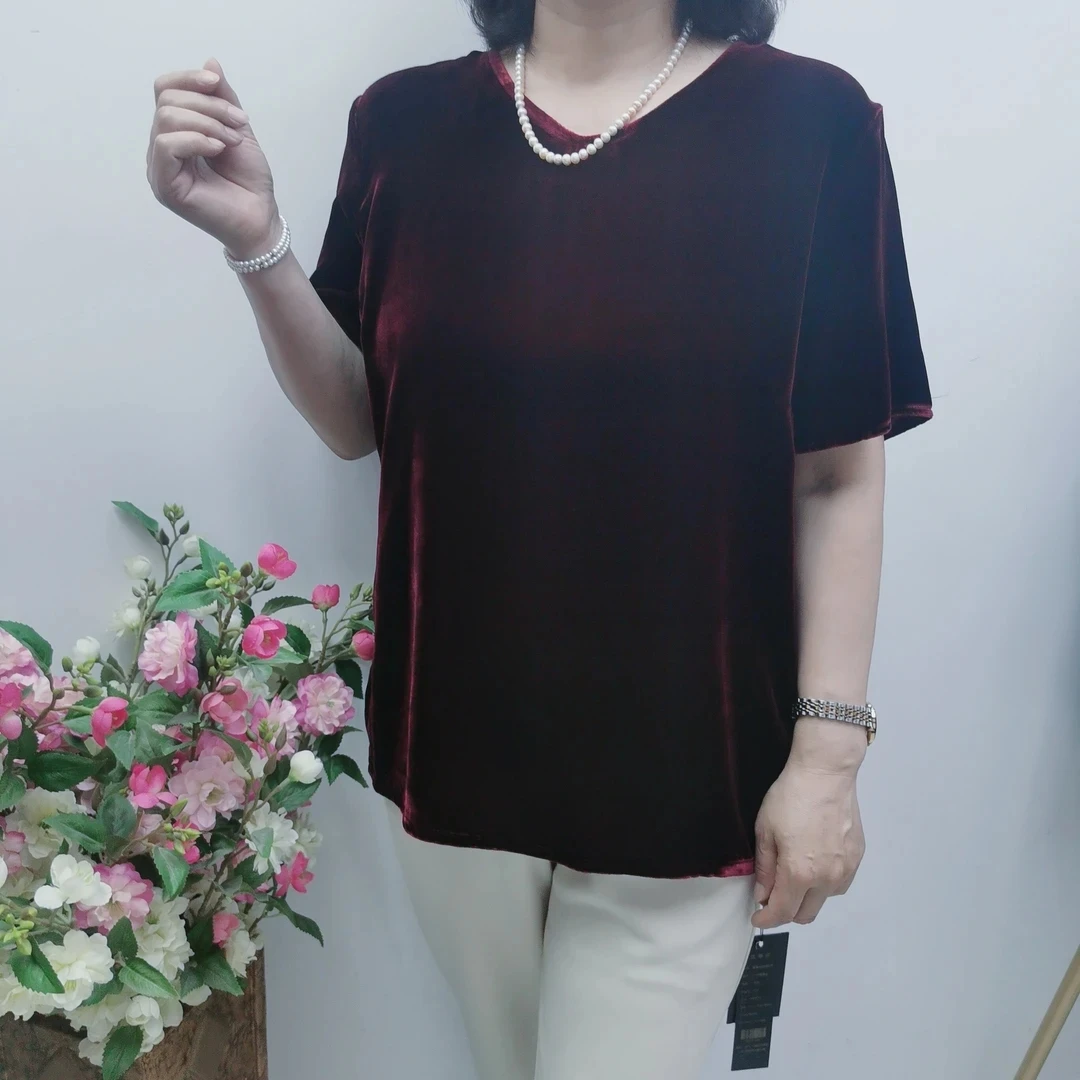 兴茂美方桑蚕丝植绒静版半袖小衫05109