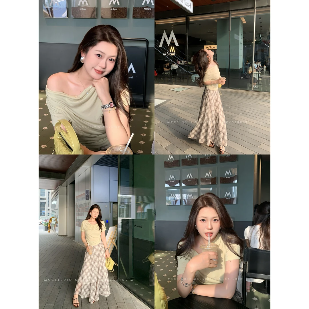 MCcStudio抹茶豆乳 醋酸桑蚕丝荡领t&格纹半裙套装#812512/3324