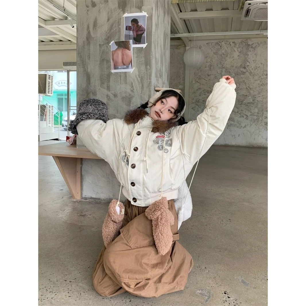 美式复古连帽毛领棉服外套女冬季设计感加厚休闲棉衣棉袄两件套