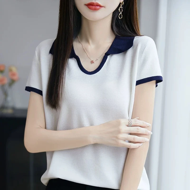 2025夏季新款撞色翻领针织衫上衣女短袖薄款上衣NZ508829