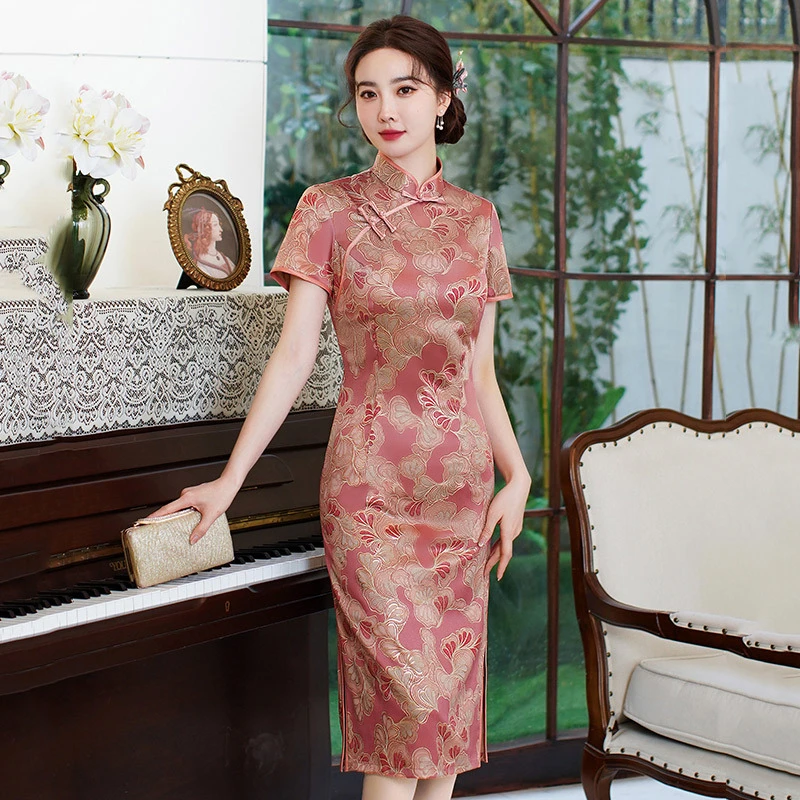 中长款妈妈装国风中式改良旗袍2025新款年轻款女复古修身短袖夏季