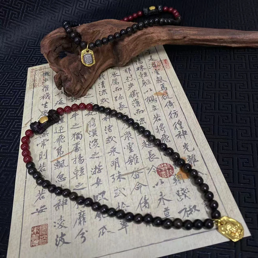 天然辰砂（朱砂）扎基娘娘~6mm黑檀木朱砂叠戴手串，多样性发货1件