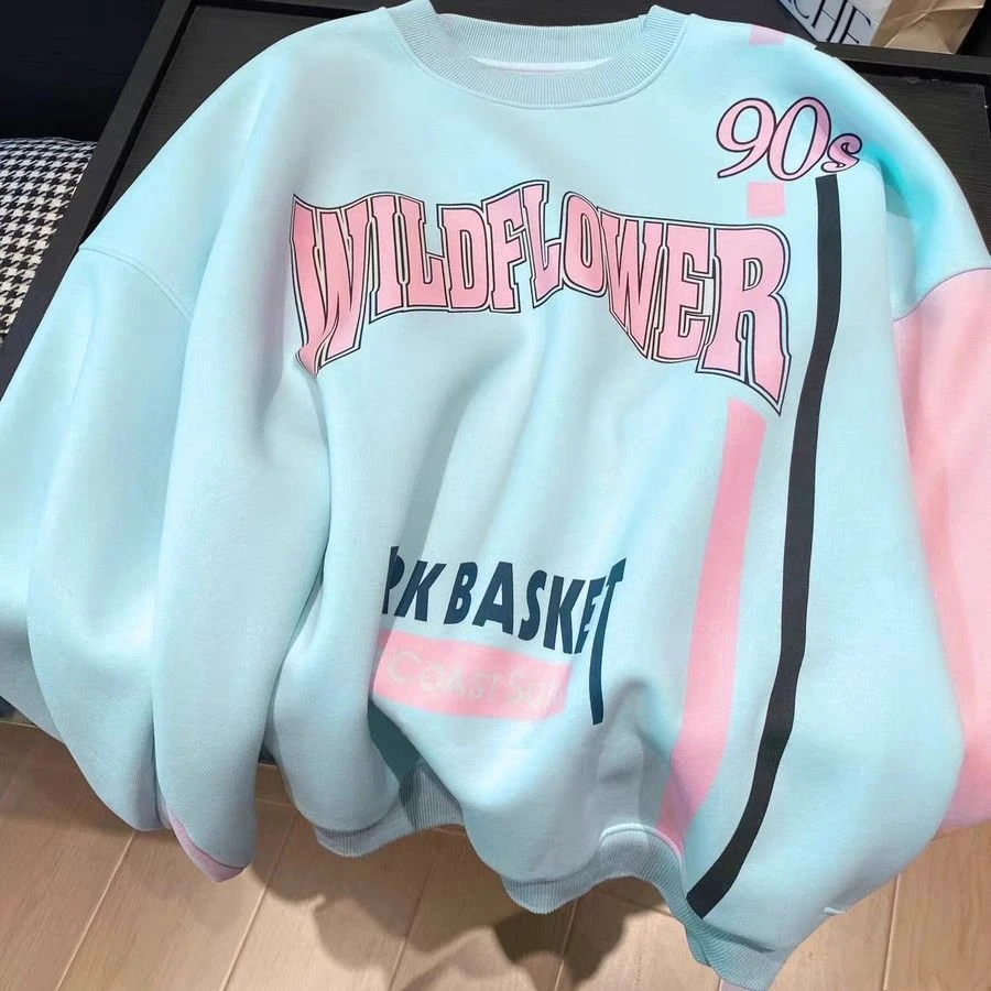 大码300斤小众美式潮牌字母印花圆领卫衣男女2025款加绒情侣上衣